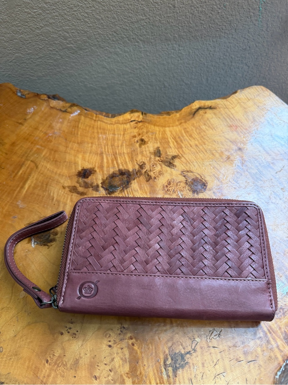 Born Bolino Hand-Woven Leather Zip-Around Wristlet Wallet in Wine / Burgundy